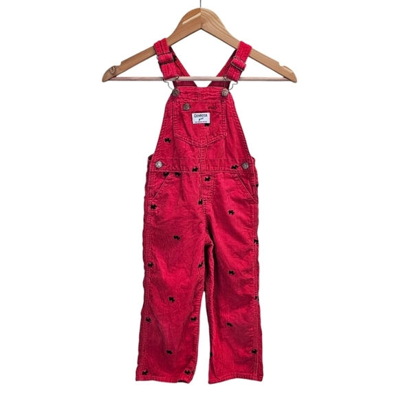 OshKosh B'gosh Girls Red Overalls with Adjustable Straps Sz 4T Dog Embroidered - Picture 2 of 13